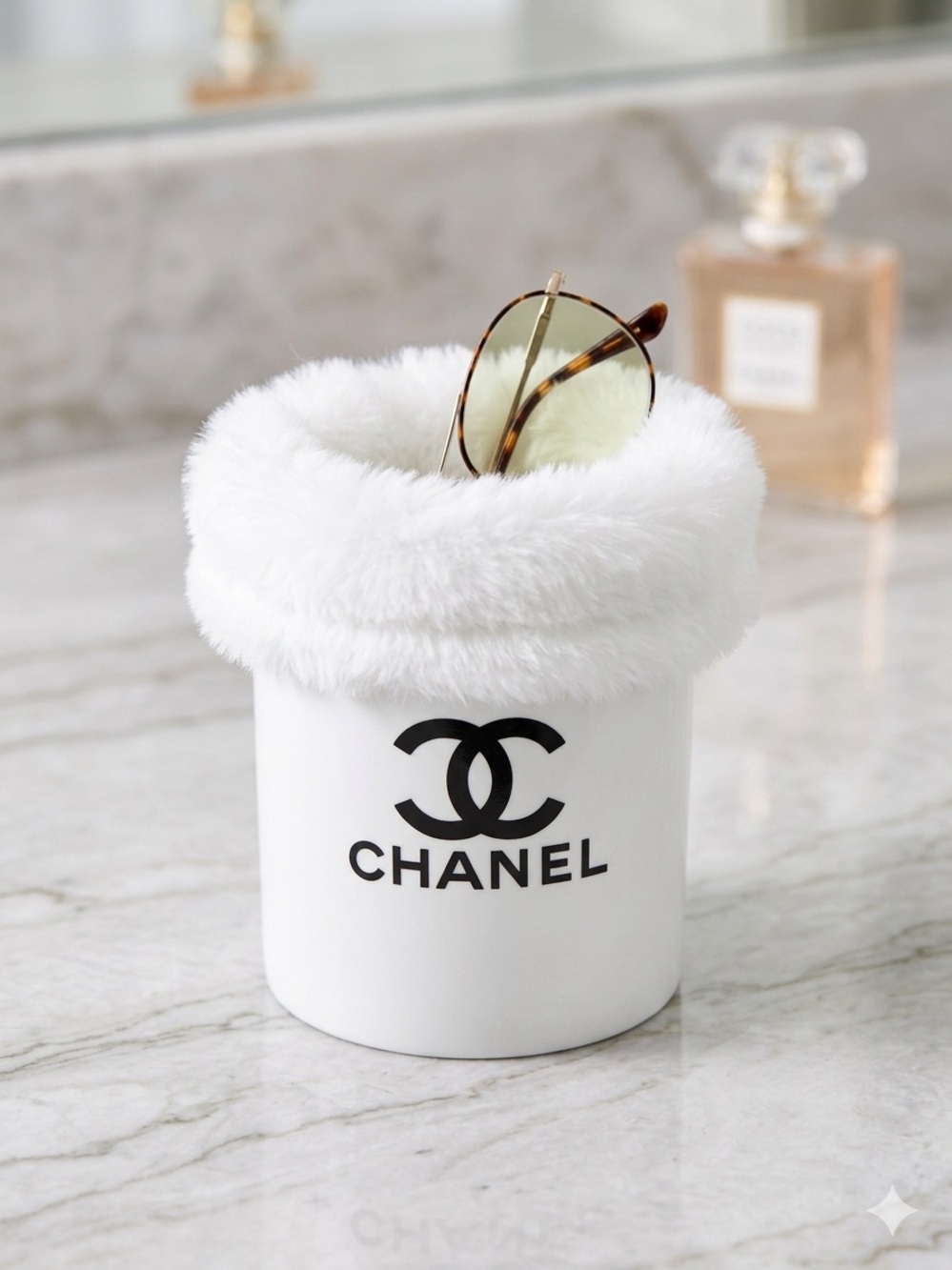 White Faux Fur Eyeglasses Holder with Black Logo